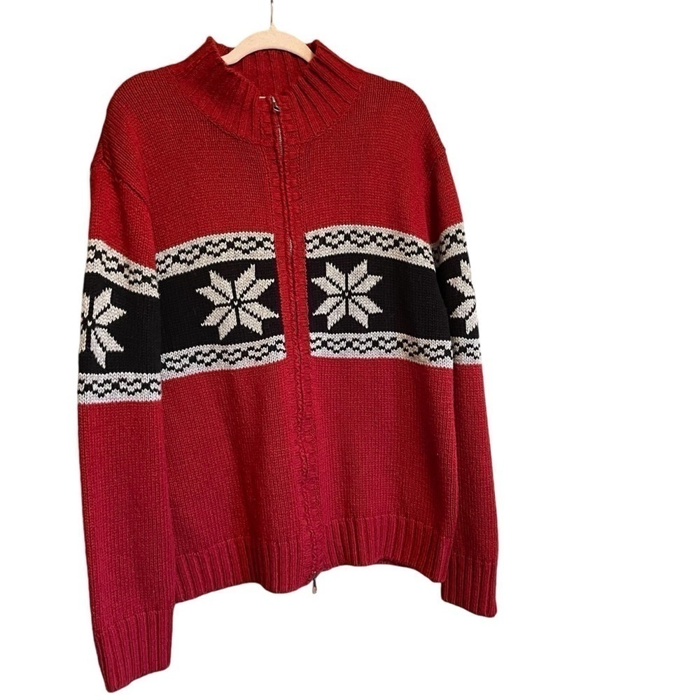 Retreat Dark Red Knit Sweater Zip up-Snowflake Design - Wool Blend - Size Large